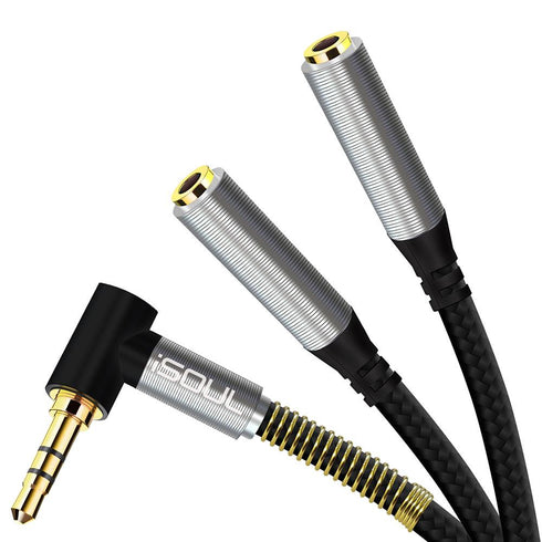 Nylon Braided LShape 3.5mm Audio Jack Dual Splitter Cable Black Silver - TradeNRG UK
